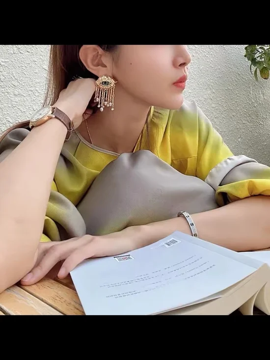 Gold Eye Drop Earrings with Green Iris and Pink Pearls - Picture 3 of 7